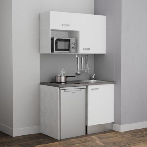 Kitchenette K07L-PT - 120 cm avec plan de travail et évier, emplacements frigo et micro-ondes - Façade Blanc - Plan Gris béton - Evier Inox - Crédences Non