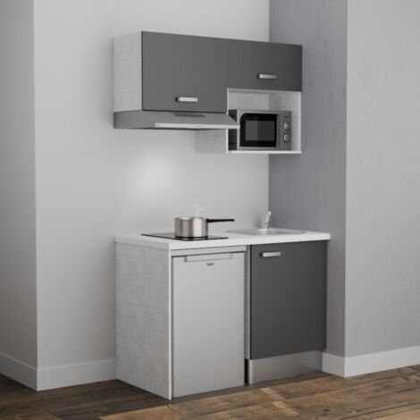 Kitchenette K02L-PT - 120 cm avec plan de travail et évier - Façade Gris - Plan Blanc - Crédences Non