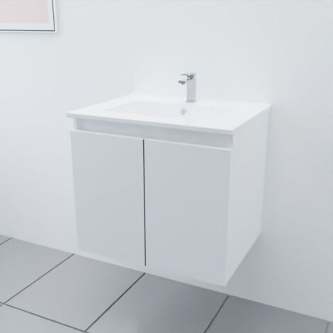 Cuisibane – Meuble double vasque suspendu 60 cm – Plan vasque en céramique – Caisson en panneaux de particules – 2 portes battantes avec amortisseurs (1/4)
