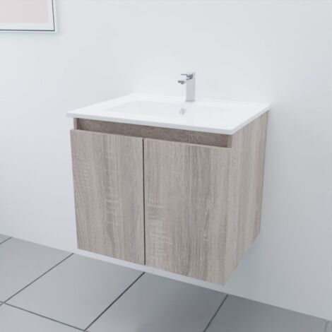 Meuble salle de bain suspendu 60 cm PROLINE- Bois- Plan vasque en Céramique (1/4)