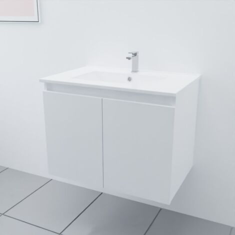 Cuisibane – Meuble double vasque suspendu 70 cm – Plan vasque en céramique – 2 portes battantes avec amortisseurs – Caisson monté blanc