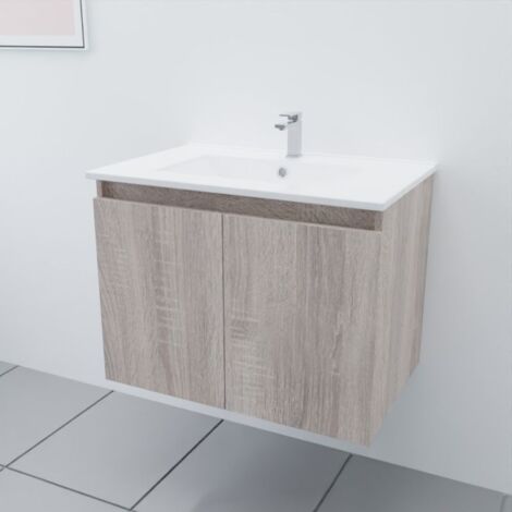 Meuble salle de bain suspendu 70 cm PROLINE- Bois- Plan vasque en Céramique (1/5)