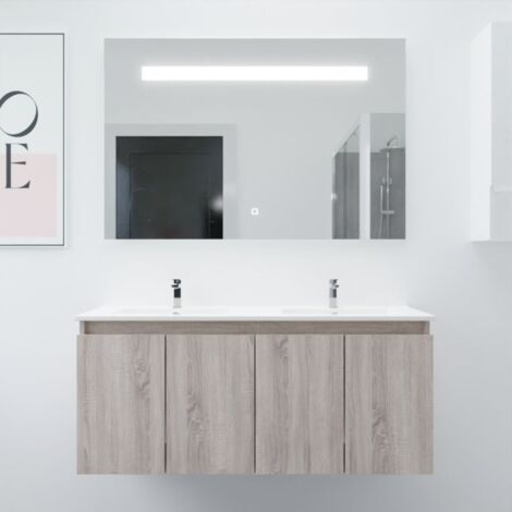 Meuble PROLINE 120 cm avec plan double vasque et miroir Elégance ht80- Bois- Plan vasque en Céramique (1/5)