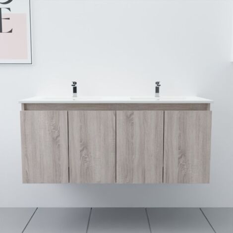 Cuisibane – Meuble double vasque 120 cm – Plan vasque en céramique – 4 portes battantes avec amortisseurs – Installation suspendue