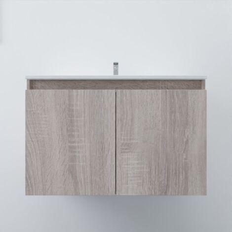 Meuble salle de bain suspendu 80 cm PROLINE- Bois- Plan vasque en Céramique (1/5)