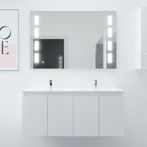 Meuble PROLINE 120 cm avec plan double vasque et miroir Prestige- Blanc- Plan vasque en Céramique (1/5)