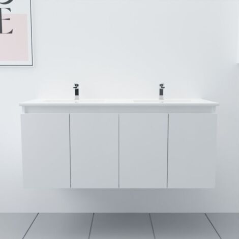 Cuisibane – Meuble double vasque 120 cm – Plan vasque en céramique – 4 portes battantes avec amortisseurs – Rangement pratique pour salle de bain