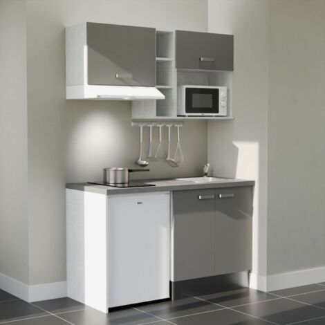Kitchenette K13L-PT - 140 cm avec plan de travail et évier - Façade Gris - Plan Gris - Evier Inox - Crédences Non