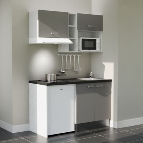 Kitchenette K13L-PT - 140 cm avec plan de travail et évier - Façade Gris - Plan Noir - Evier Inox - Crédences Non