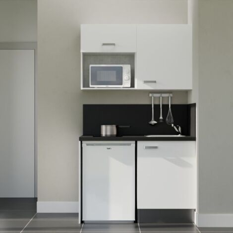 Kitchenette K07L-PT - 120 cm avec plan de travail et évier, emplacements frigo et micro-ondes - Façade Blanc - Plan Noir texturé - Evier Inox - Crédences Oui