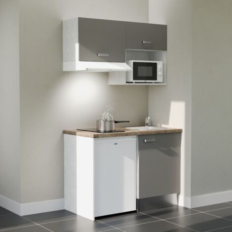 Kitchenette K02L-PT - 120 cm avec plan de travail et évier - emplacements frigo, hotte et micro-ondes - Façade Gris - Plan Bois - Evier Inox - Crédences Non