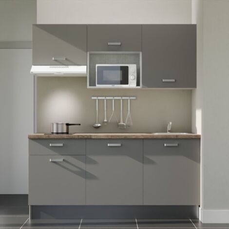 Kitchenette K30L-PT - 180 cm avec plan de travail et évier - Façade Gris - Plan Bois - Evier Inox - Crédences Non (1/5)