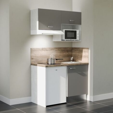 Cuisibane – Kitchenette 120 cm avec plan de travail bois, évier inox, emplacements frigo et micro-ondes – Façade gris clair – Meuble bas et haut inclus - K02L-PT (1/5)