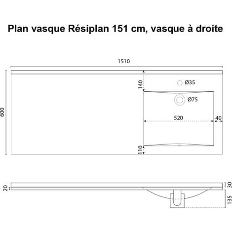 Plan vasque RESIPLAN - 151 cm avec vasque déportée à droite