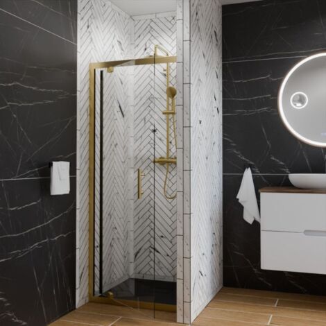 Cuisibane – Porte de douche pivotante 80 cm – Cadre doré en aluminium – Verre trempé anticalcaire 6 mm – Système Stop Water pour étanchéité (1/2)