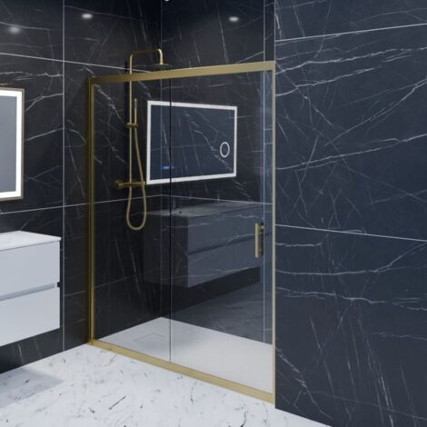 Cuisibane – Paroi de douche coulissante 160 cm – Verre trempé 6 mm – Cadre aluminium doré – Système Stop Water pour étanchéité (1/3)
