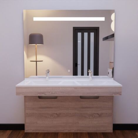 Cuisibane – Meuble double vasque 140 cm avec miroir LED – Corps en panneaux mélaminés cambrian oak – Norme IP44 – Éclairage 1000 lumens (1/5)