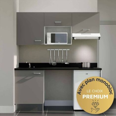 Kitchenette K55L - 180 cm - plan monobloc évier intégré Nero- évier à gauche - Façades Gris + Electroménager inclus coloris Blanc