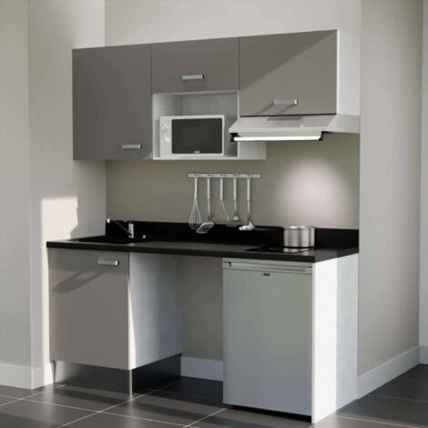 Kitchenette K55L - 180 cm - plan monobloc évier intégré Nero- évier à gauche - Façades Gris + Electroménager inclus coloris Inox