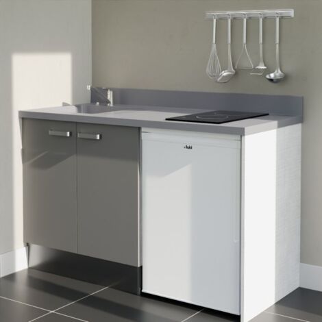 Kitchenette K17L - 140 cm - plan monobloc évier intégré Cromo- évier à gauche - Façades Gris + Electroménager inclus coloris Blanc