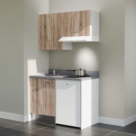 Kitchenette K01L - 120 cm - plan monobloc évier intégré Cromo- évier à gauche - Façades Bois + Electroménager inclus coloris Blanc (1/5)