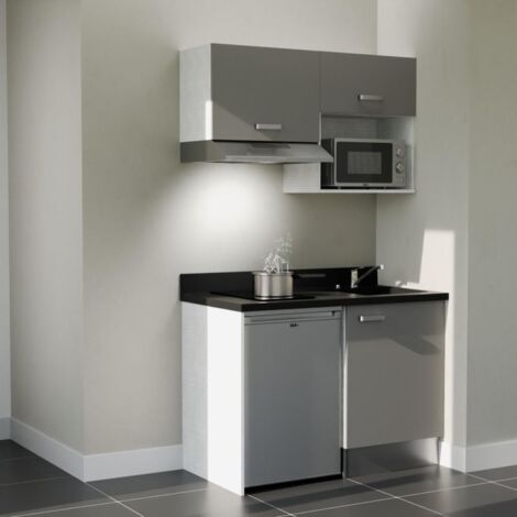 Kitchenette K02L - 120 cm - plan monobloc évier intégré Nero- évier à droite - Façades Gris + Electroménager inclus coloris Inox