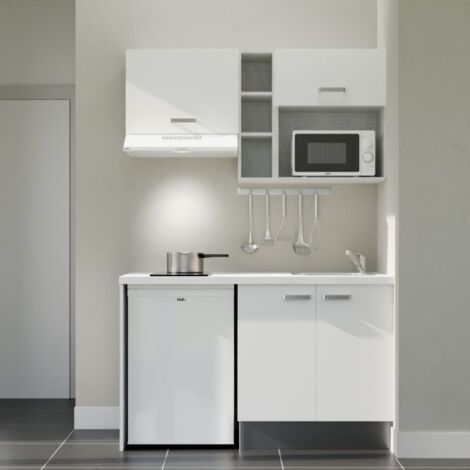 Kitchenette K13L-PT - 140 cm - plan stratifié, évier inox, - Façade Blanc - Plan Blanc - Crédences Non + Electroménager inclus coloris Blanc (1/5)