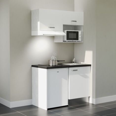 Kitchenette K02L-PT - 120 cm - plan stratifié, évier inox, - Façade Blanc - Plan Noir texturé - Evier Inox - Crédences Non + Electroménager inclus coloris Blanc