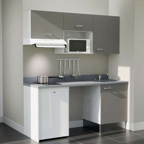 Kitchenette K55L - 180 cm - plan monobloc évier intégré Cromo- évier à droite - Façades Gris + Electroménager inclus coloris Blanc