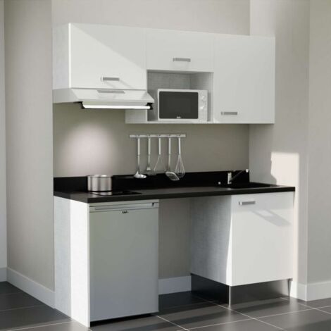 Kitchenette K55L - 180 cm - plan monobloc évier intégré Nero- évier à droite - Façades Blanc + Electroménager inclus coloris Inox