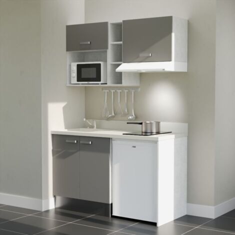 Kitchenette K13L - 140 cm - plan monobloc évier intégré Snova- évier à gauche - Façades Gris + Electroménager inclus coloris Blanc