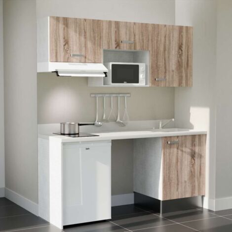 Kitchenette K55L - 180 cm - plan monobloc évier intégré Snova- évier à droite - Façades Bois + Electroménager inclus coloris Blanc