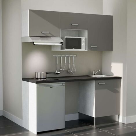 Kitchenette K55L-PT - 180 cm - plan stratifié, évier inox, - Façade Gris - Plan Noir texturé - Evier Inox - Crédences Non + Electroménager inclus coloris Inox (1/5)