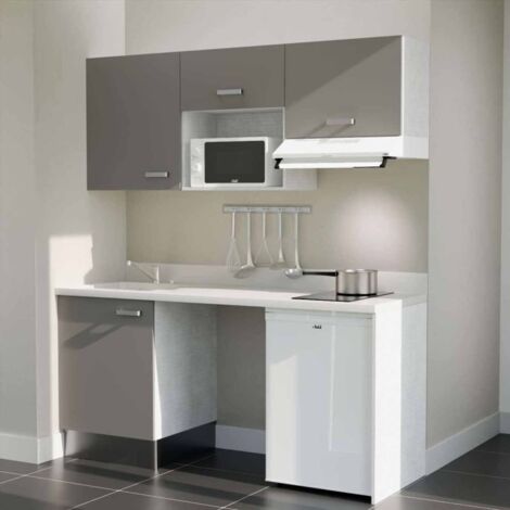 Kitchenette K55L - 180 cm - plan monobloc évier intégré Snova- évier à gauche - Façades Gris + Electroménager inclus coloris Blanc