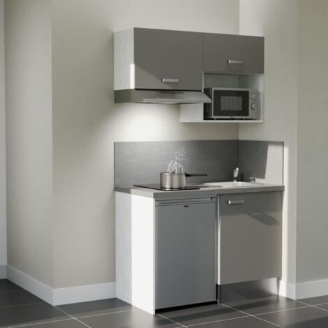 Kitchenette K02L-PT - 120 cm - plan stratifié, évier inox, - Façade Gris - Plan Gris béton - Evier Inox - Crédences Oui + Electroménager inclus coloris Inox