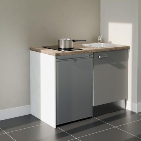 Kitchenette K08L-PT - 120 cm - plan stratifié, évier inox, - Façade Gris - Plan Bois - Evier Inox - Crédences Non + Electroménager inclus coloris Inox (1/5)