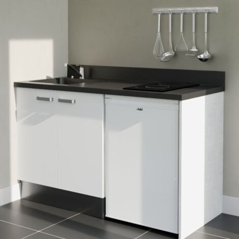 Kitchenette K17L - 140 cm - plan monobloc évier intégré Nero- évier à gauche - Façades Blanc + Electroménager inclus coloris Blanc