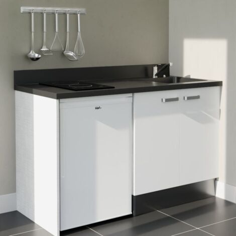 Kitchenette K17L - 140 cm - plan monobloc évier intégré Nero- évier à droite - Façades Blanc + Electroménager inclus coloris Blanc