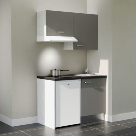 Kitchenette K01L-PT - 120 cm - plan stratifié, évier inox, - Façade Gris - Plan Noir texturé - Evier Inox - Crédences Non + Electroménager inclus coloris Blanc (1/5)
