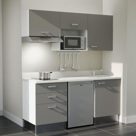 Kitchenette K20L - 180 cm - plan monobloc évier intégré Snova- évier à droite - Façades Gris + Electroménager inclus coloris Inox (1/5)