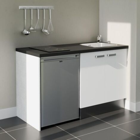 Kitchenette K17L-PT - 140 cm - plan stratifié, évier inox, - Façade Blanc - Plan Noir texturé - Evier Inox - Crédences Non + Electroménager inclus coloris Inox (1/5)