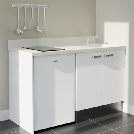 Kitchenette K17L - 140 cm - plan monobloc évier intégré Snova- évier à droite - Façades Blanc + Electroménager inclus coloris Blanc