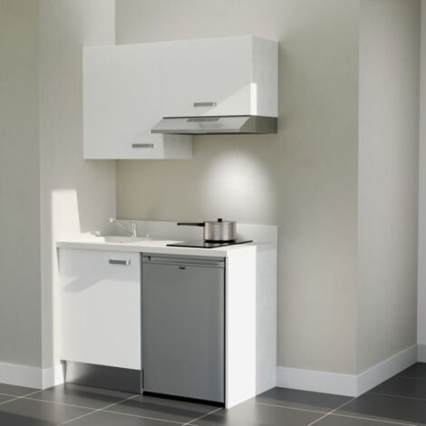 Kitchenette K01L - 120 cm - plan monobloc évier intégré Snova- évier à gauche - Façades Blanc + Electroménager inclus coloris Inox (1/5)