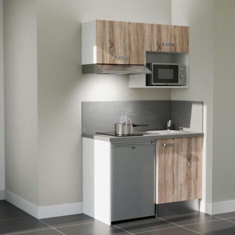Kitchenette K02L-PT - 120 cm - plan stratifié, évier inox, - Façade Bois - Plan Gris béton - Evier Inox - Crédences Oui + Electroménager inclus coloris Inox