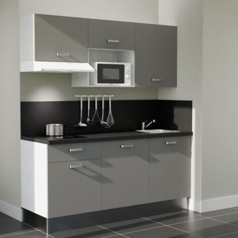 Kitchenette K30L-PT - 180 cm - plan stratifié, évier inox, - Façade Gris - Plan Noir texturé - Evier Inox - Crédences Oui + Electroménager inclus coloris Blanc (1/5)