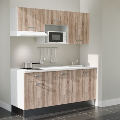 Kitchenette K30L-PT - 180 cm - plan stratifié, évier inox, - Façade Bois - Plan Blanc - Crédences Non + Electroménager inclus coloris Blanc (1/5)