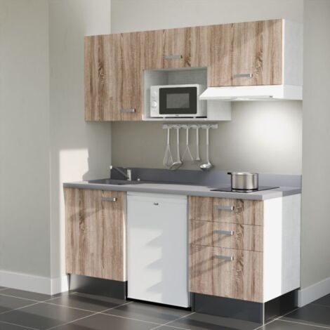 Kitchenette K20L - 180 cm - plan monobloc évier intégré Cromo- évier à gauche - Façades Bois + Electroménager inclus coloris Blanc (1/5)