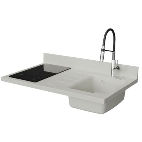 Plan de travail monobloc PlaniQuartz avec évier - 100 cm - Snova - évier à droite - Plaque de cuisson Induction