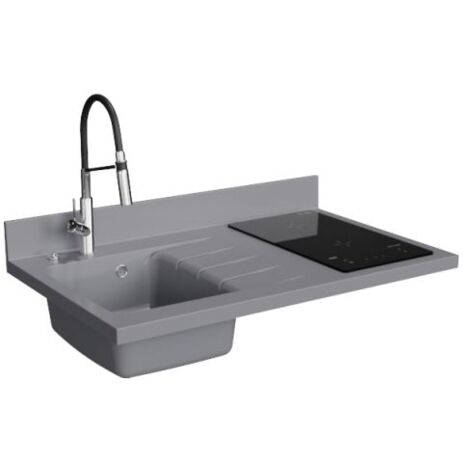 Plan de travail monobloc PlaniQuartz avec évier - 100 cm - Cromo - évier à gauche - Plaque de cuisson Induction