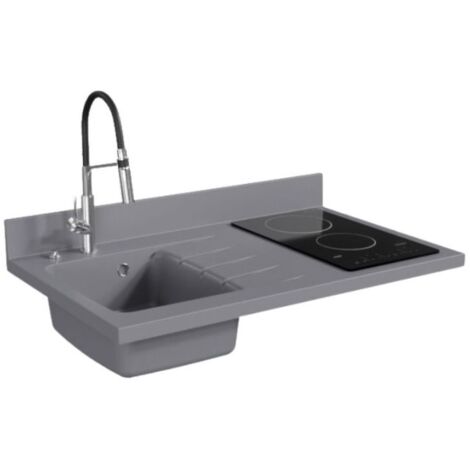 Plan de travail monobloc PlaniQuartz avec évier - 100 cm - Cromo - évier à gauche - Plaque de cuisson Vitrocéramique